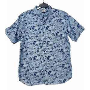 Columbia Shirt Men's L SS Blue with Boats Beach Umbrellas Ocean Sun Trees Campy